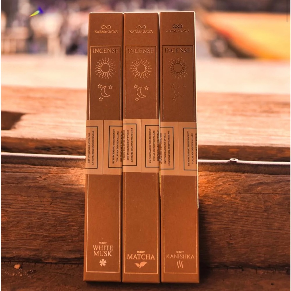 Karmagawa incense.  Brand new. Unopened. Scents White musk, Matcha and Kanishka